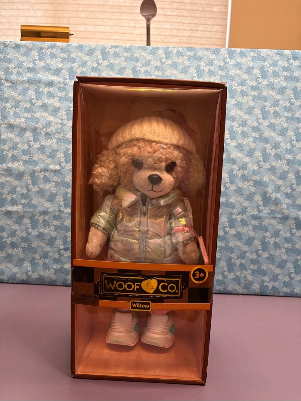 Willow Plush Dog in Iridescent Jacket and Pink Beanie